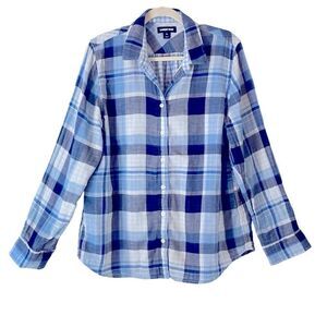 Lands End blue& white plaid double cloth 100% cotton shirt 16